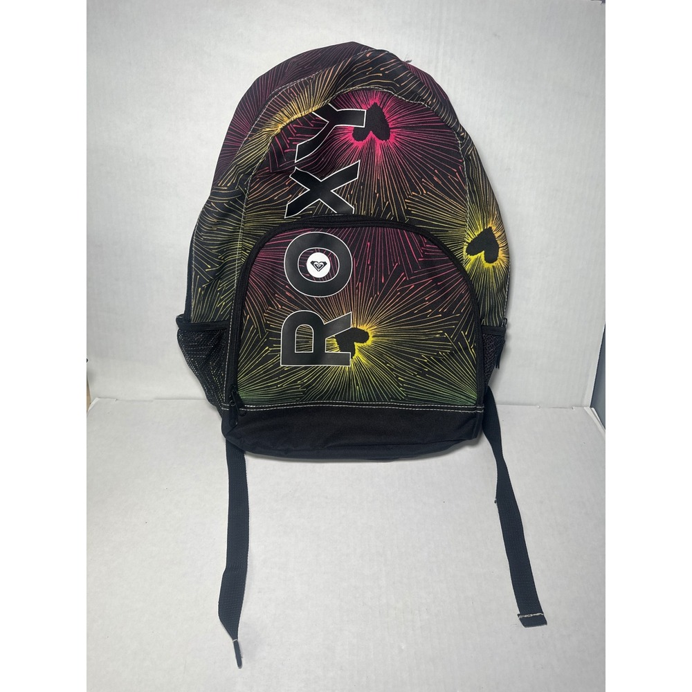 Roxy Pink Heart Sunburst Backpack Black Yellow Graphic School Bag Travel